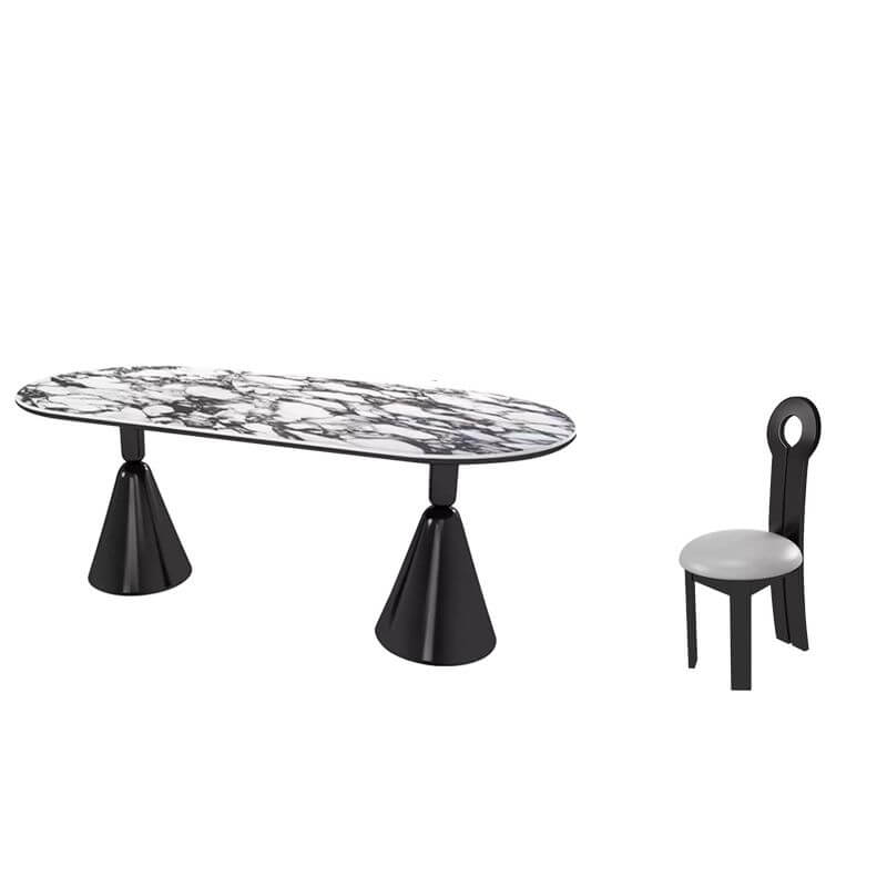 Oval marble dining table set with dual footing, solid back panel, and cushioned chairs