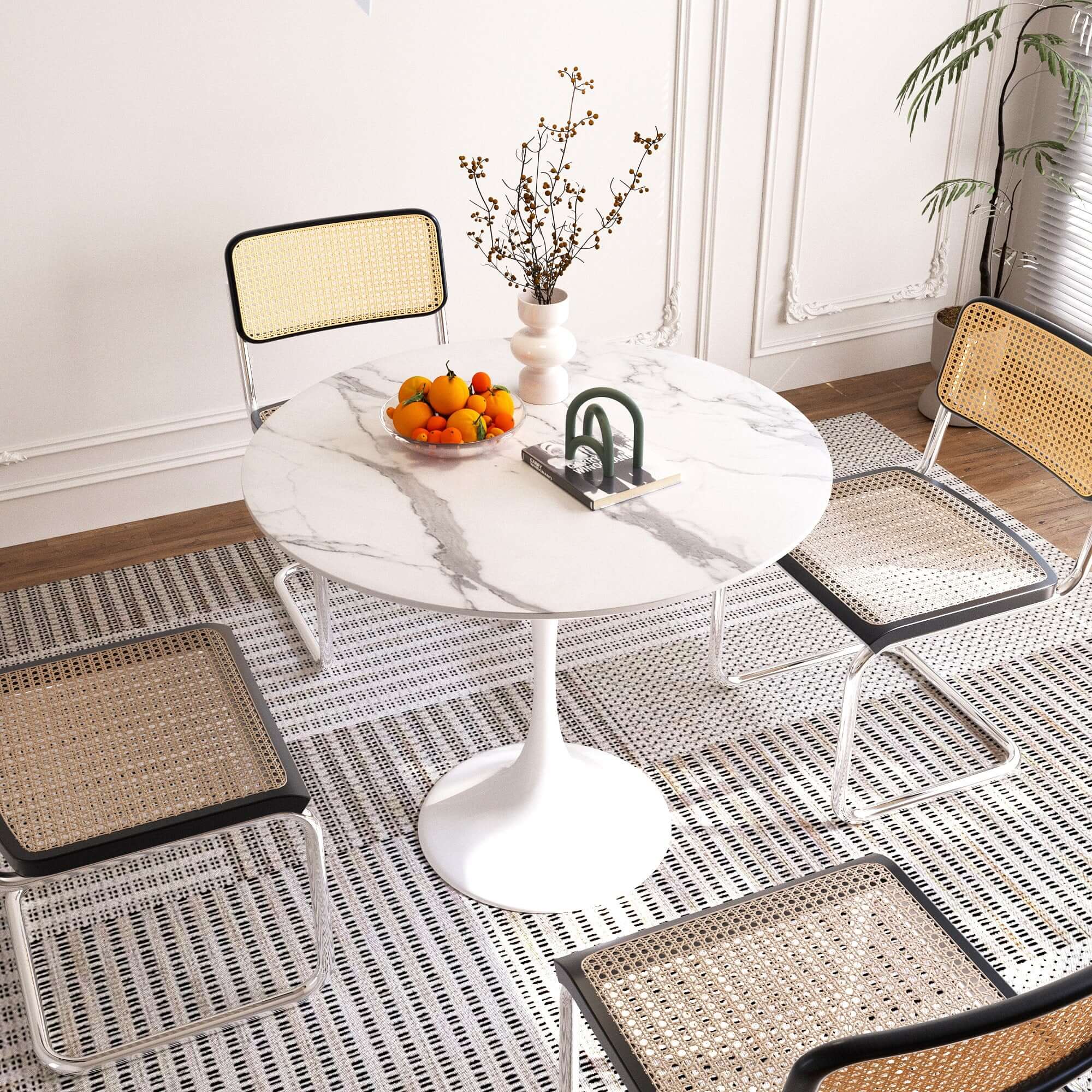 Round white rock slab dining table with minimalist design, 35.43 inches in diameter