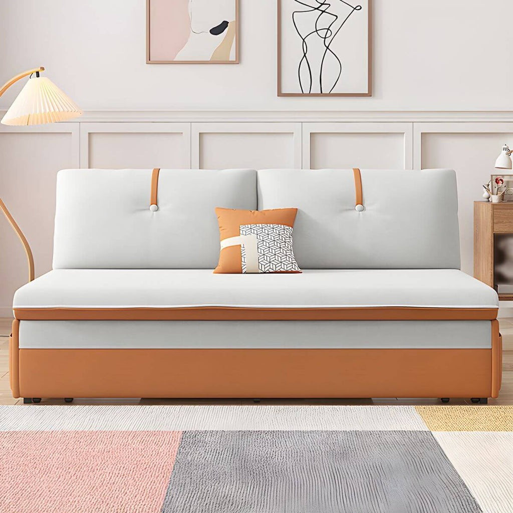 Orange polyester blend sleeper sofa with steel frame and casters, modern futon for versatile seating