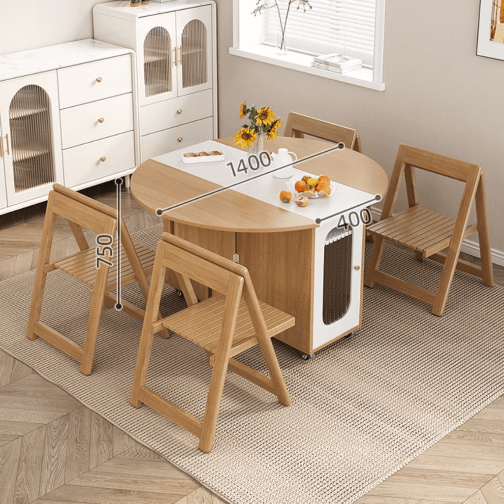 Round folding dining table with marble texture, perfect for small homes and space-saving design