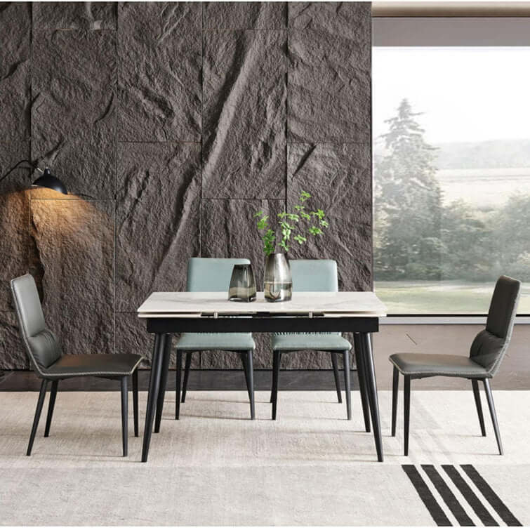 Extendable rectangle dining table with sintered stone marble tabletop for 4 to 8 people