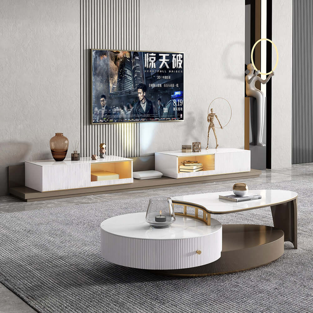 Extendable coffee table with storage, featuring a sintered stone top and wood frame