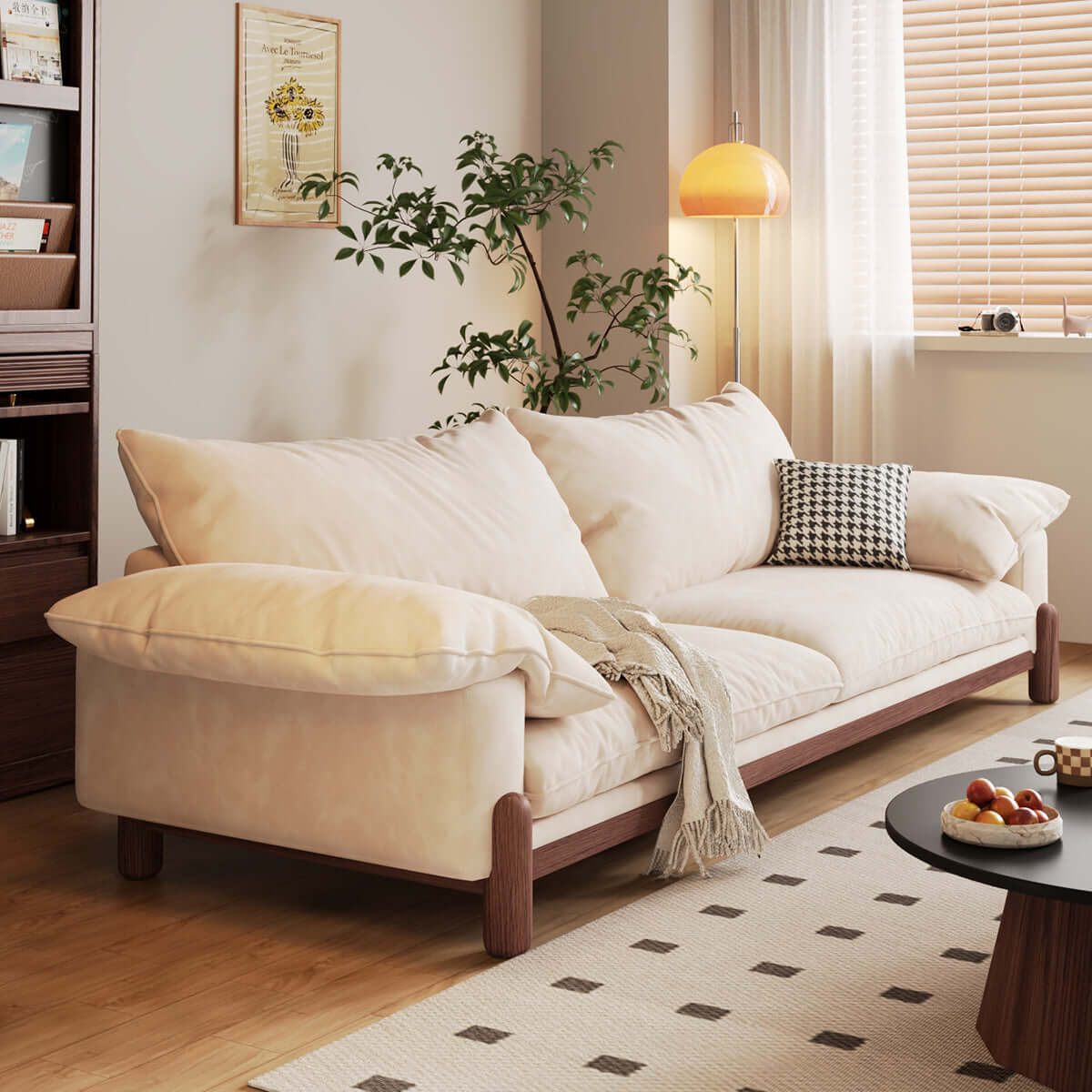 Wooden three-seater sofa with armrests offering oversized comfort and stylish design