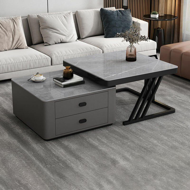 Modern square steel frame nesting coffee tables set with two pieces, including a small table