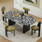 Oval modern dining table with stone top and black wood double pedestal base, 55.1 by 31.5 inches