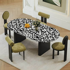 Modern Stone Top Oval Dining Table with Black Wood Double Pedestal - 55.1"L x 31.5"W x 29.5"H Marble Table Only Dining Tables