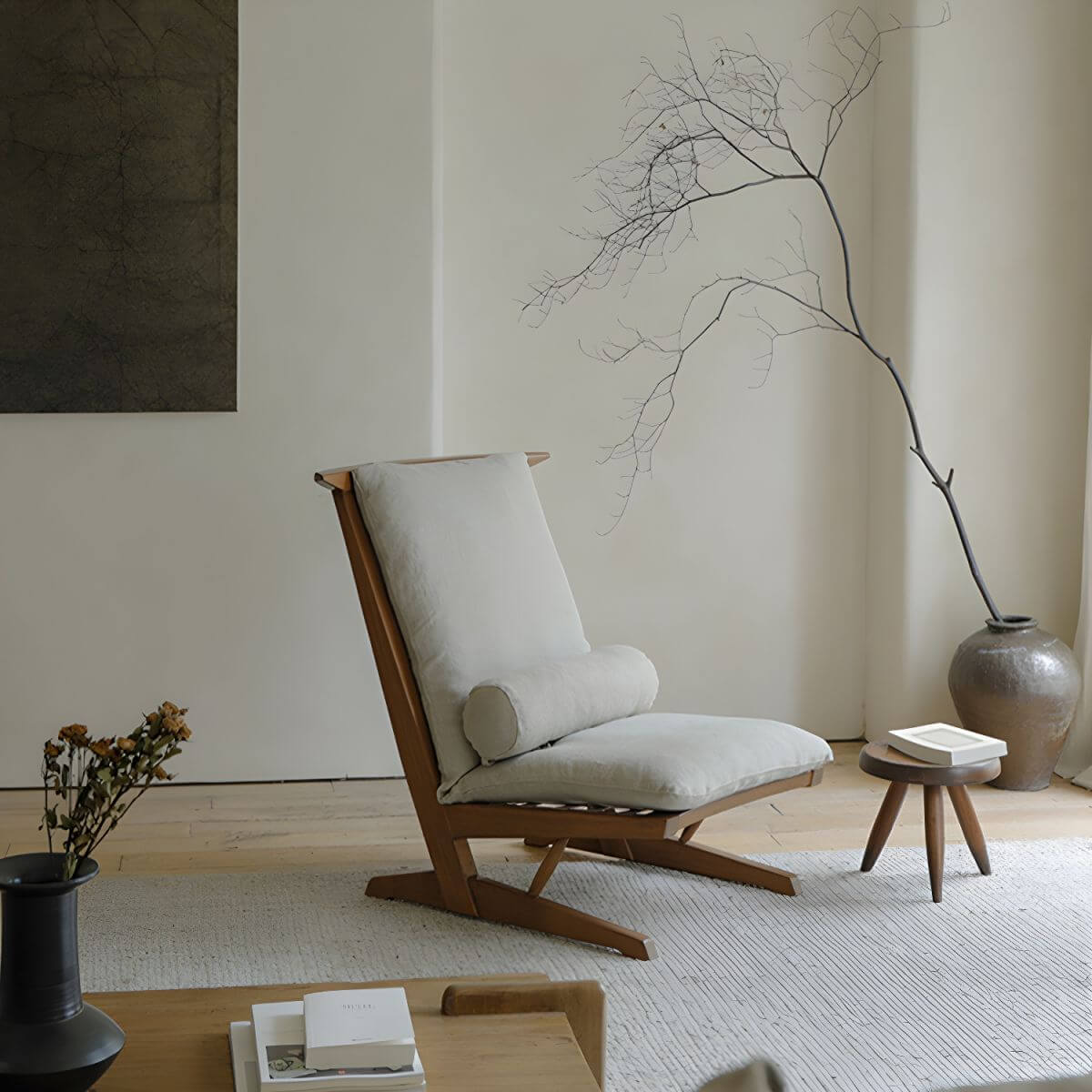 distressed wood black recliner with white cushion