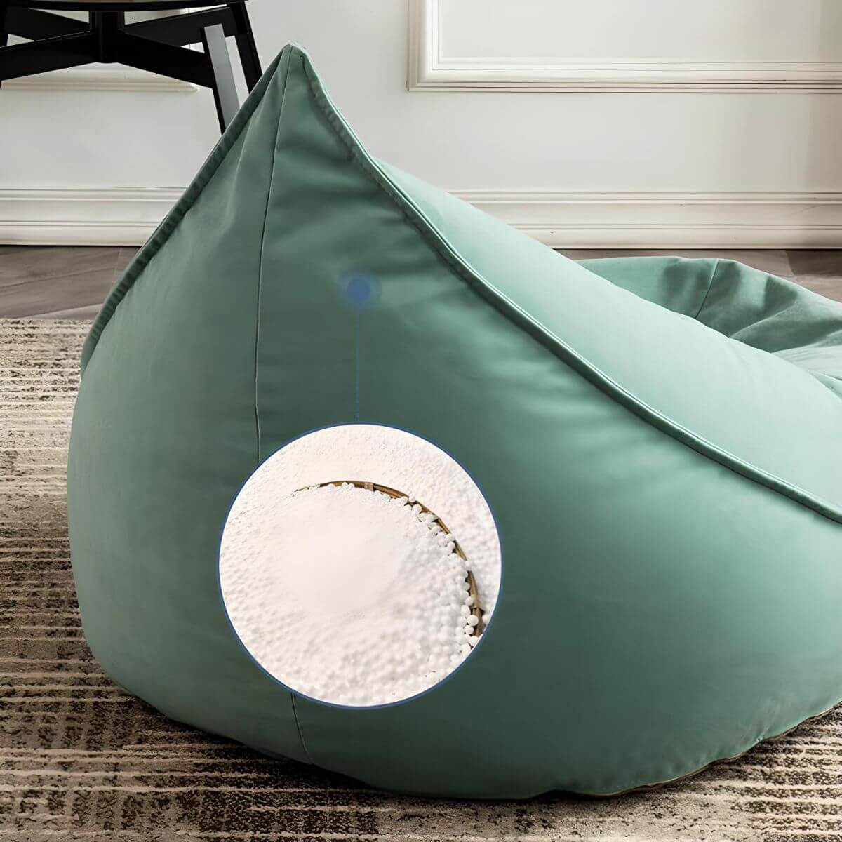 Stylish velvet bag chair in living room