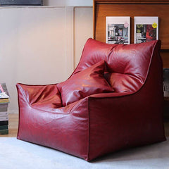 Living room with oiled leather bean bag chair