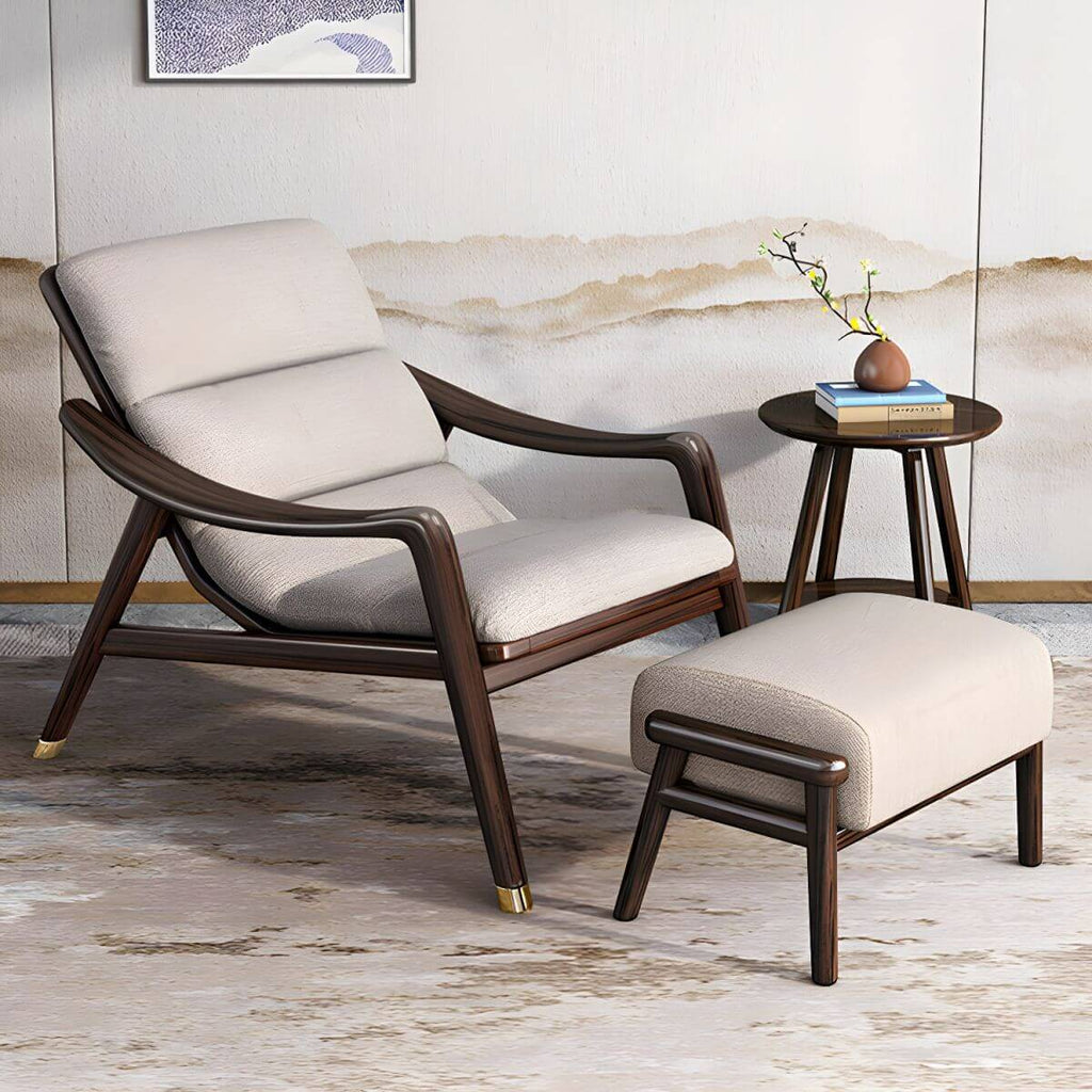 Brown upholstered recliner with wooden frame