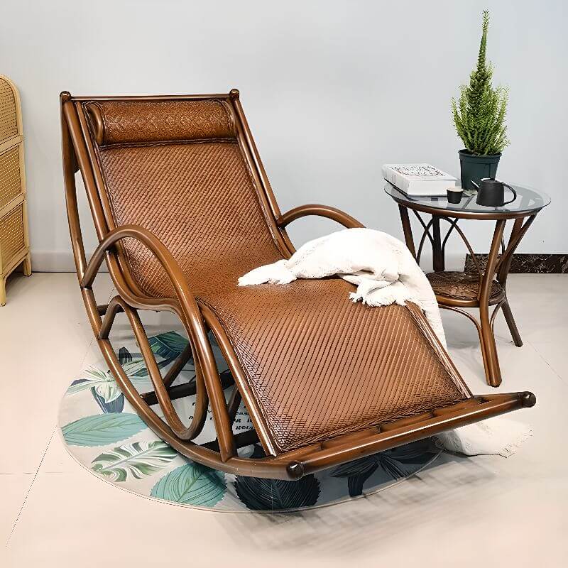 Nut-Brown Art Deco Rocking Armchair with Rattan Weaving