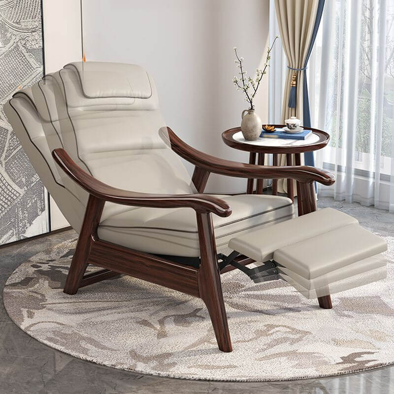 dove grey reclining chair on wooden base