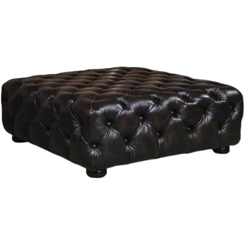 Art Deco Square Solid Color Standard Ottoman with Genuine Leather Upholstery in Midnight Black and Decorative-stitched Tufting Secondary image