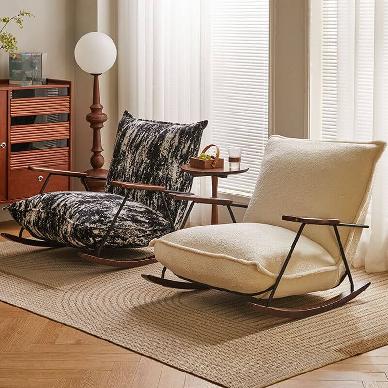 Cozy gray and white upholstered rocking chair