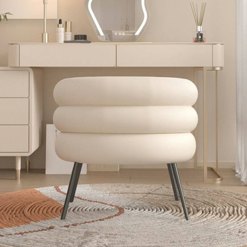 Beige velvet vanity seat with wood frame