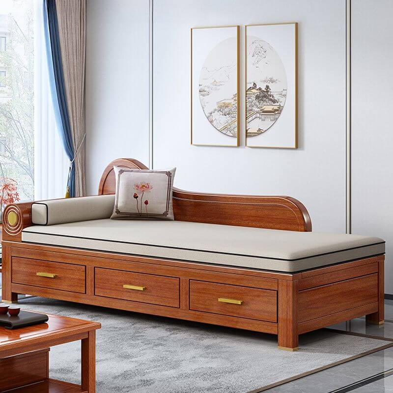 Asian Style Cream Polstered Chaise Lounge Stuhl für Schlafzimmer mit Aufbewahrung von Repository in Schubladen und eigenständiger Installation