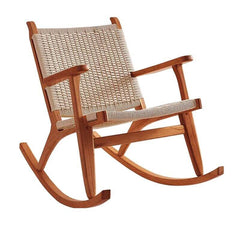 Brown wicker rocking chair with wooden legs