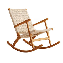 White wicker rocking chair with natural leg color