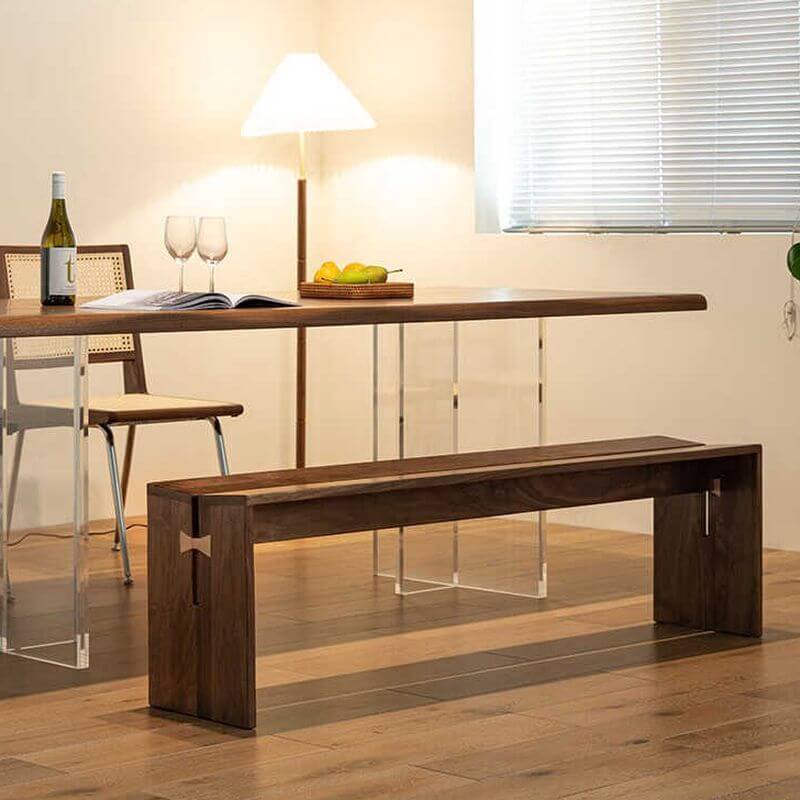 Auburn rectangle walnut wood dining bench close-up