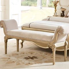 Beige glamorous bedroom bench with arms and nailhead design front view