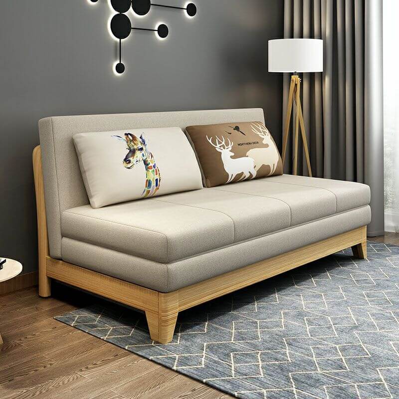 Beige gray fabric sofa bed in living room