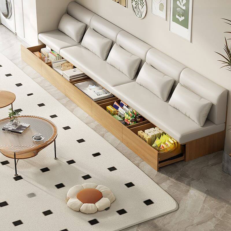 Beige pleather sofa in modern living room メイン画像