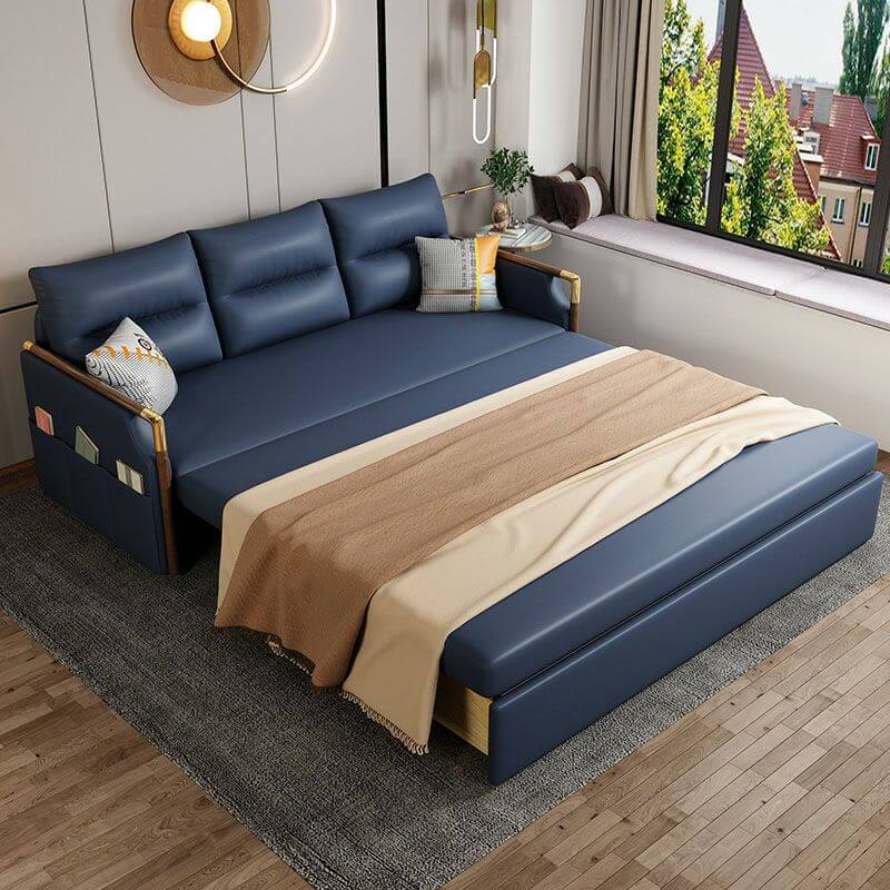 ブルーレザーソファベッド モダンリビングルーム 小さなアパートメント用背もたれソファ サブ画像