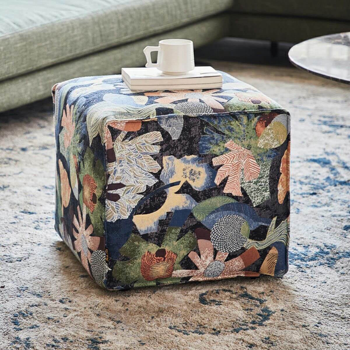 Blue upholstered modern square accent stool Main image