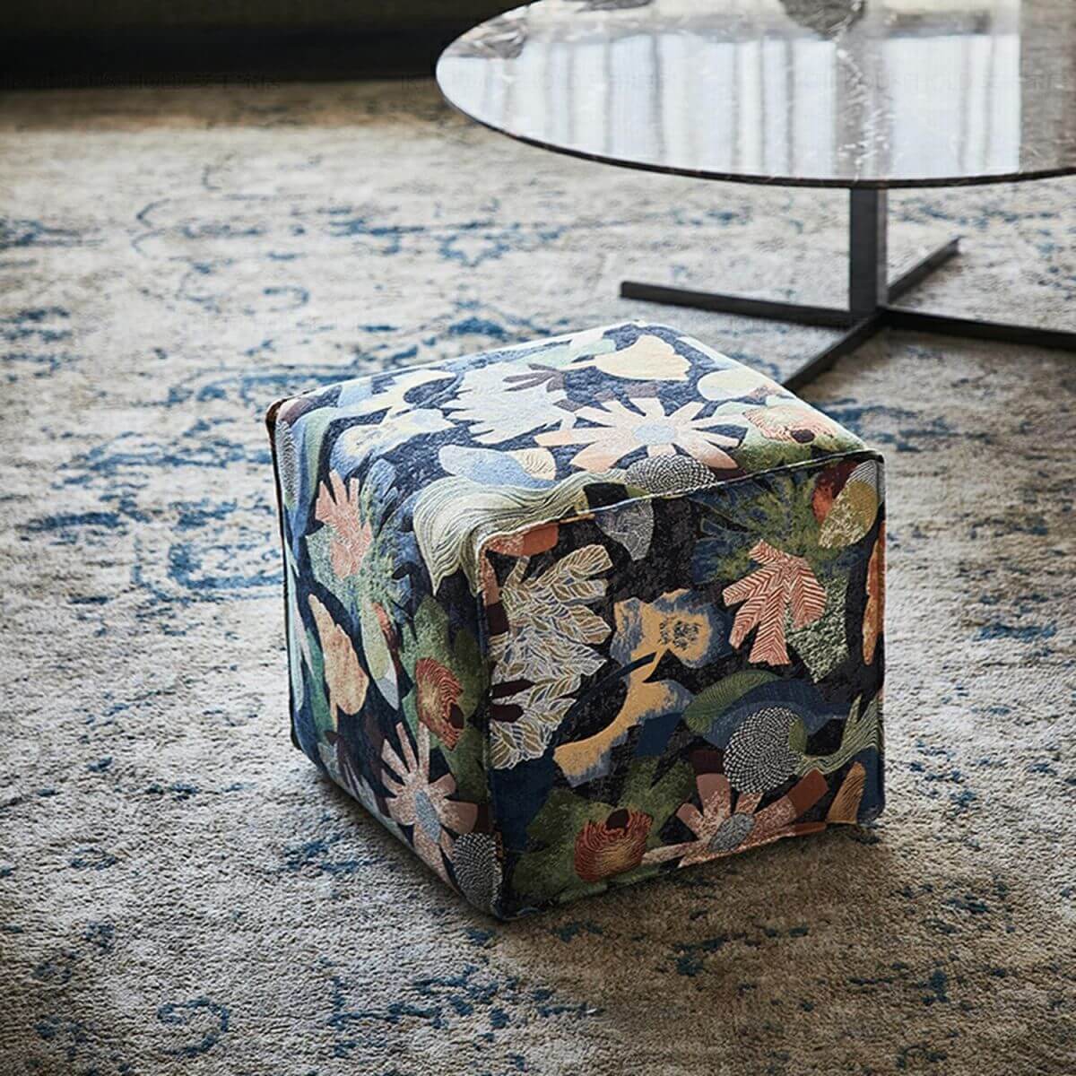 Blue Upholstered Modern Square Accent Stool with Wood Frame and No Distressing Secondary image