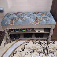 Grey upholstered entryway bench