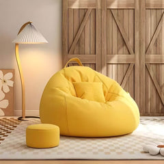 Casual Large Cotton Blend Bean Bag Chair with Ottoman in Yellow