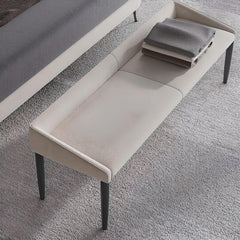 Light gray upholstered bedroom bench with back and arms