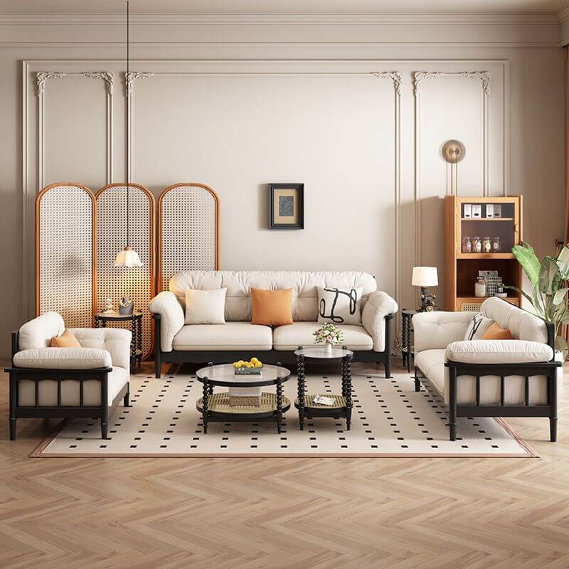 カジュアル ソリッドカラー スタンダードソファ アイボリー アームレスト付き 3-4人掛け 枕2個付き サブ画像