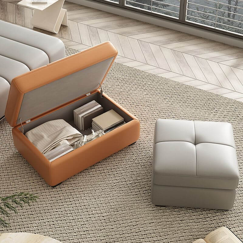 Upholstered storage ottoman in gray color