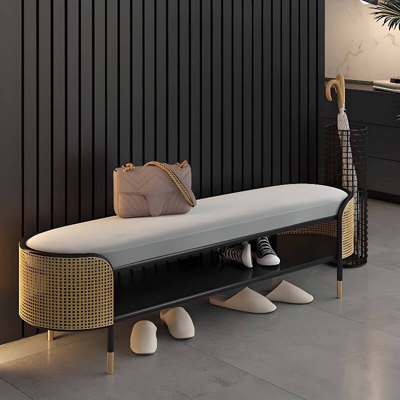 Modern entryway with the gold sitting bench