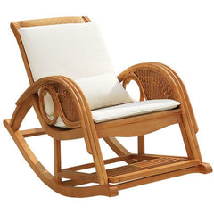 Upholstered rocking chair with natural wood legs