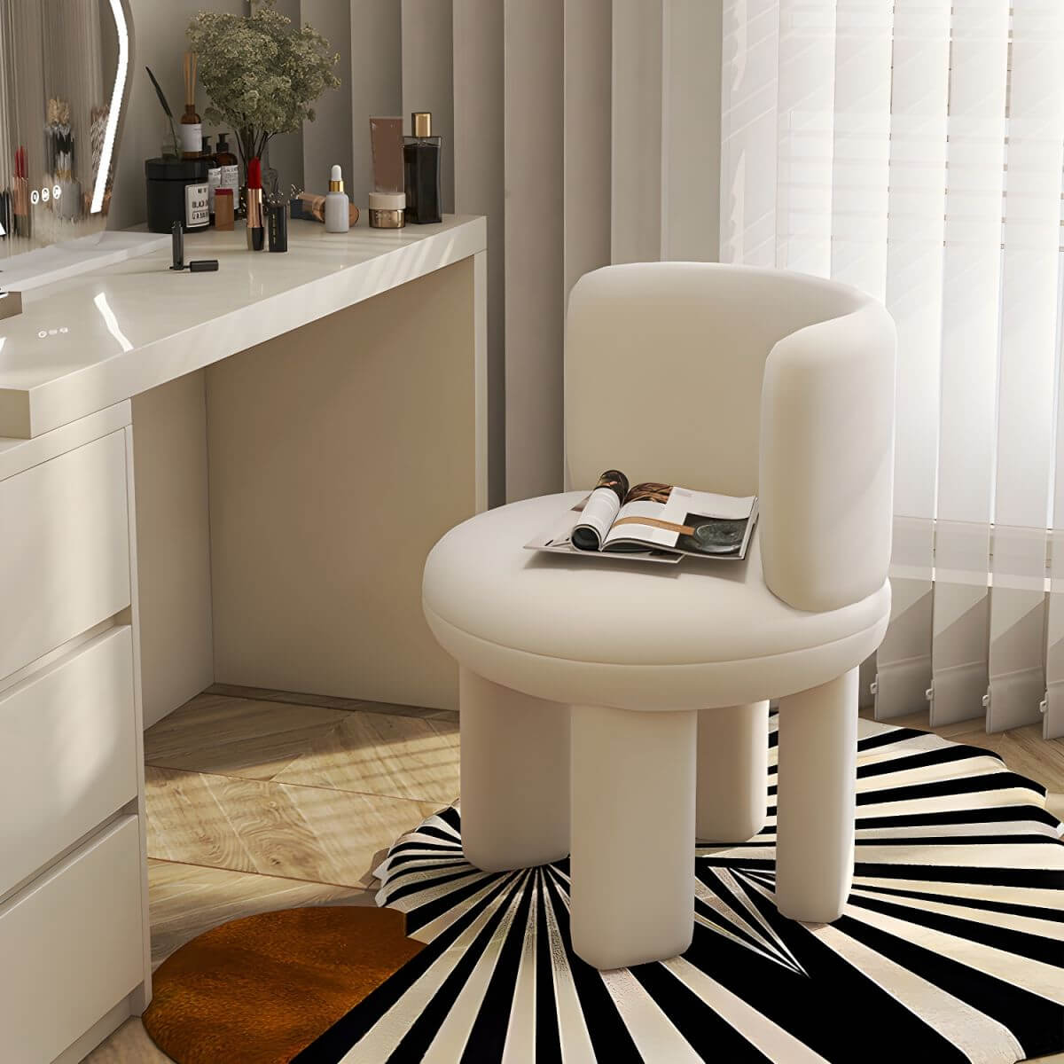 Chic Modern Vanity Stool with Tall Upholstered Backrest and Suave Wood Base