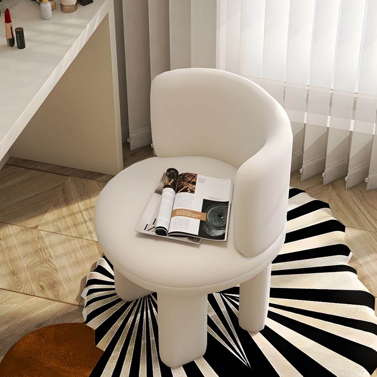 Beige Vanity Stool with Wooden Frame