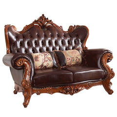 Brown loveseat with nailhead design