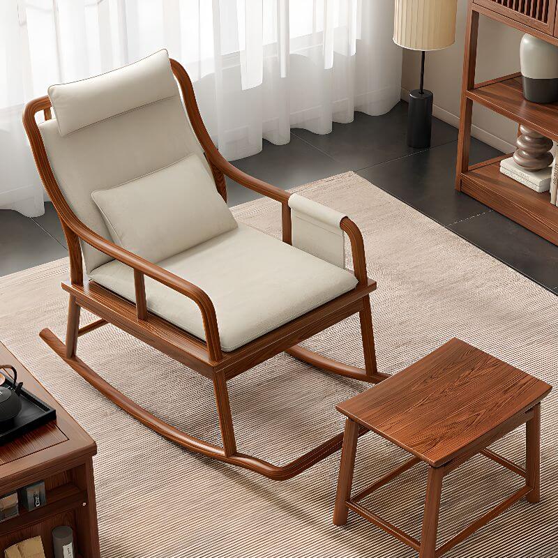 Cocoa Natural Wood Rocking Chair with Ottoman in a modern living room