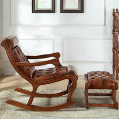 Cerulean oak rocking chair showing nailhead detailing