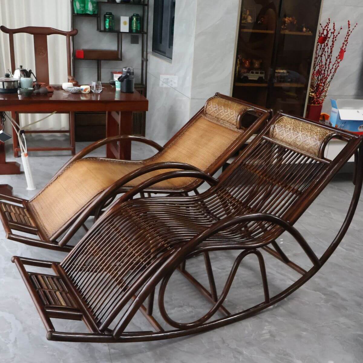 Cocoa Color Cane Rocking Armchair in a living room setting