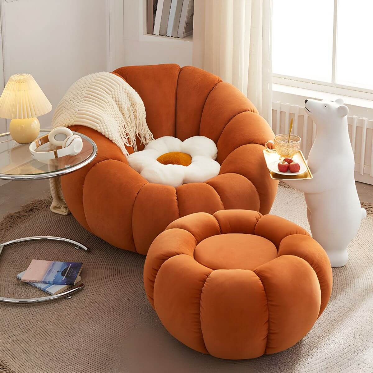 Green oversized bean bag chair with ottoman