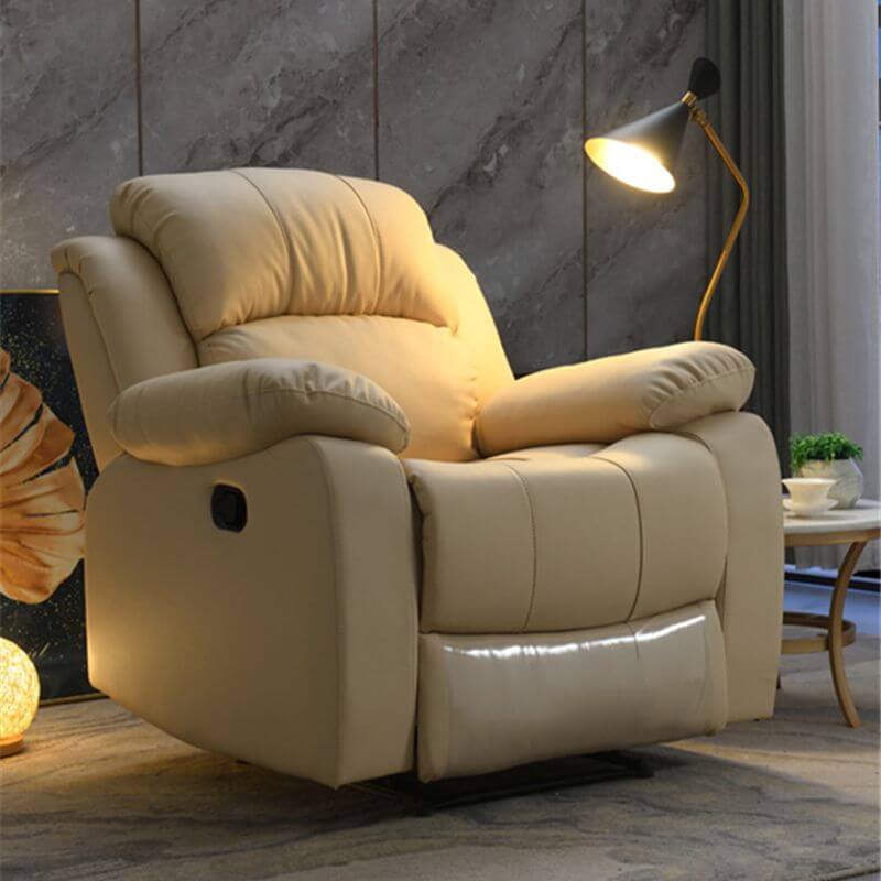 Off-White Genuine Leather Compact Wood Recliner