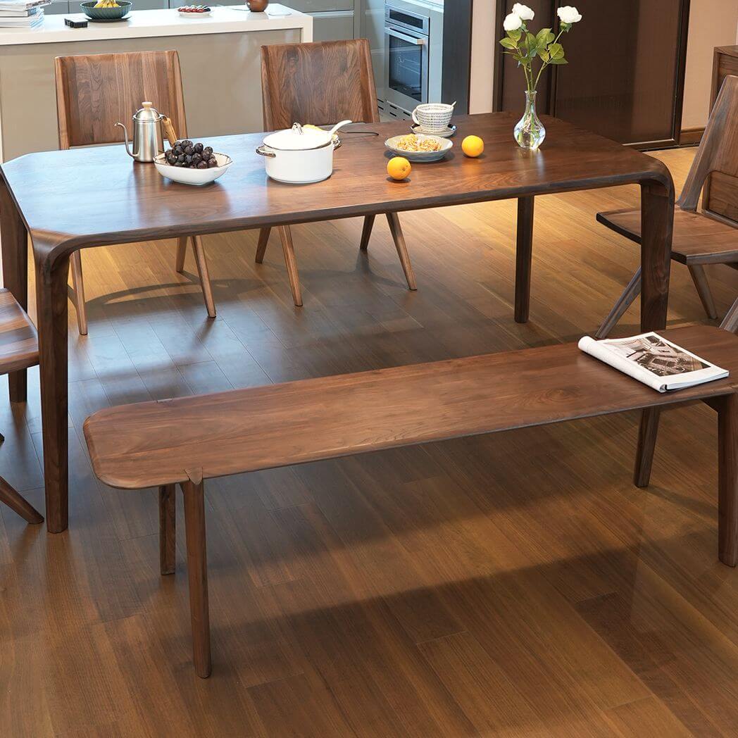 Elegant brown wood dining bench in entryway