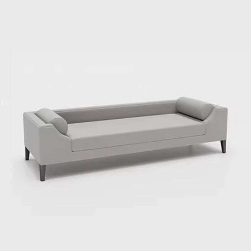 Dove grey upholstered bedroom bench with solid color