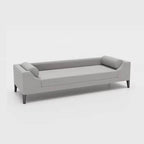 Dove grey upholstered bedroom bench with solid color