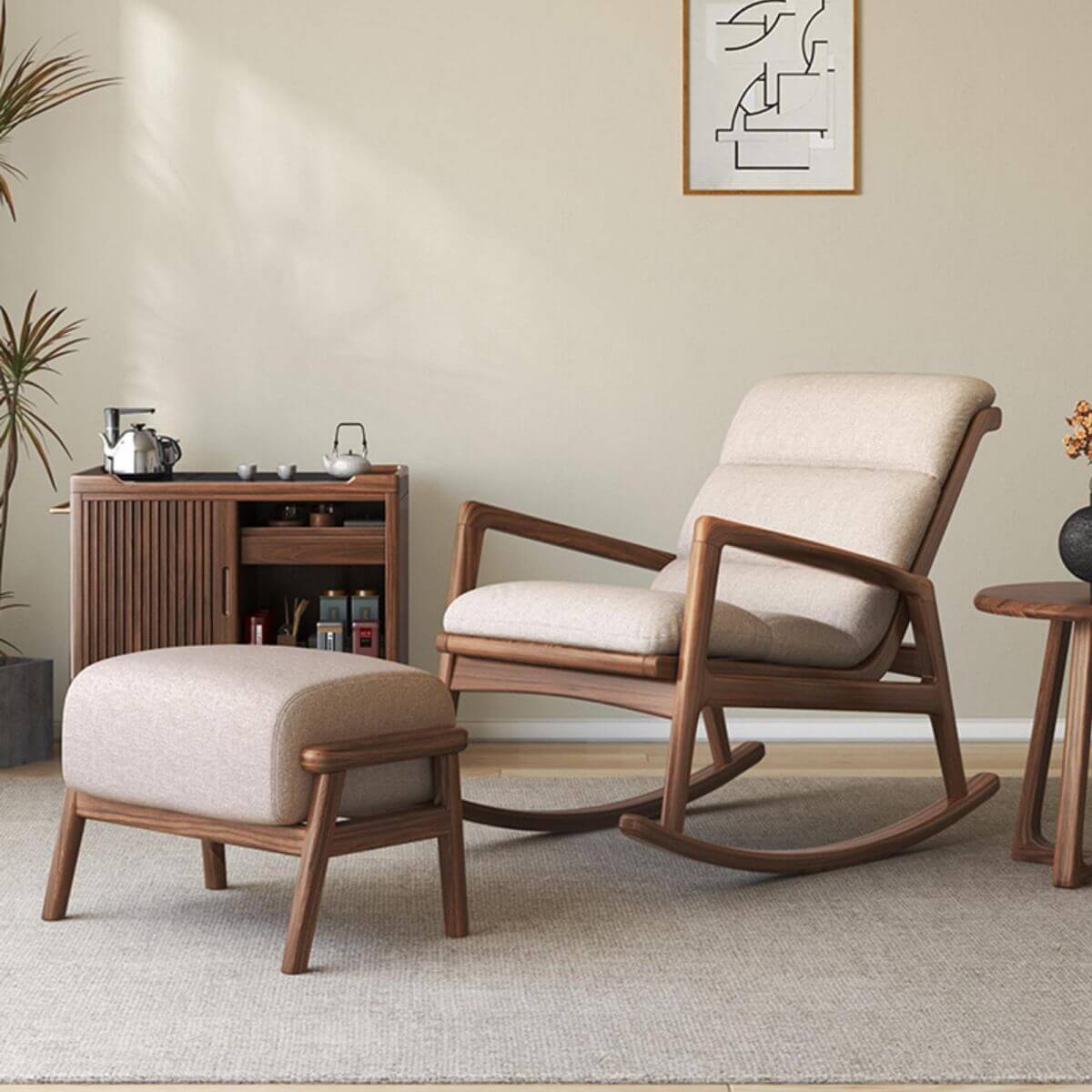 Contemporary Indoor Rocking Chair with Track Arms, White Upholstered and Wood Legs Secondary image