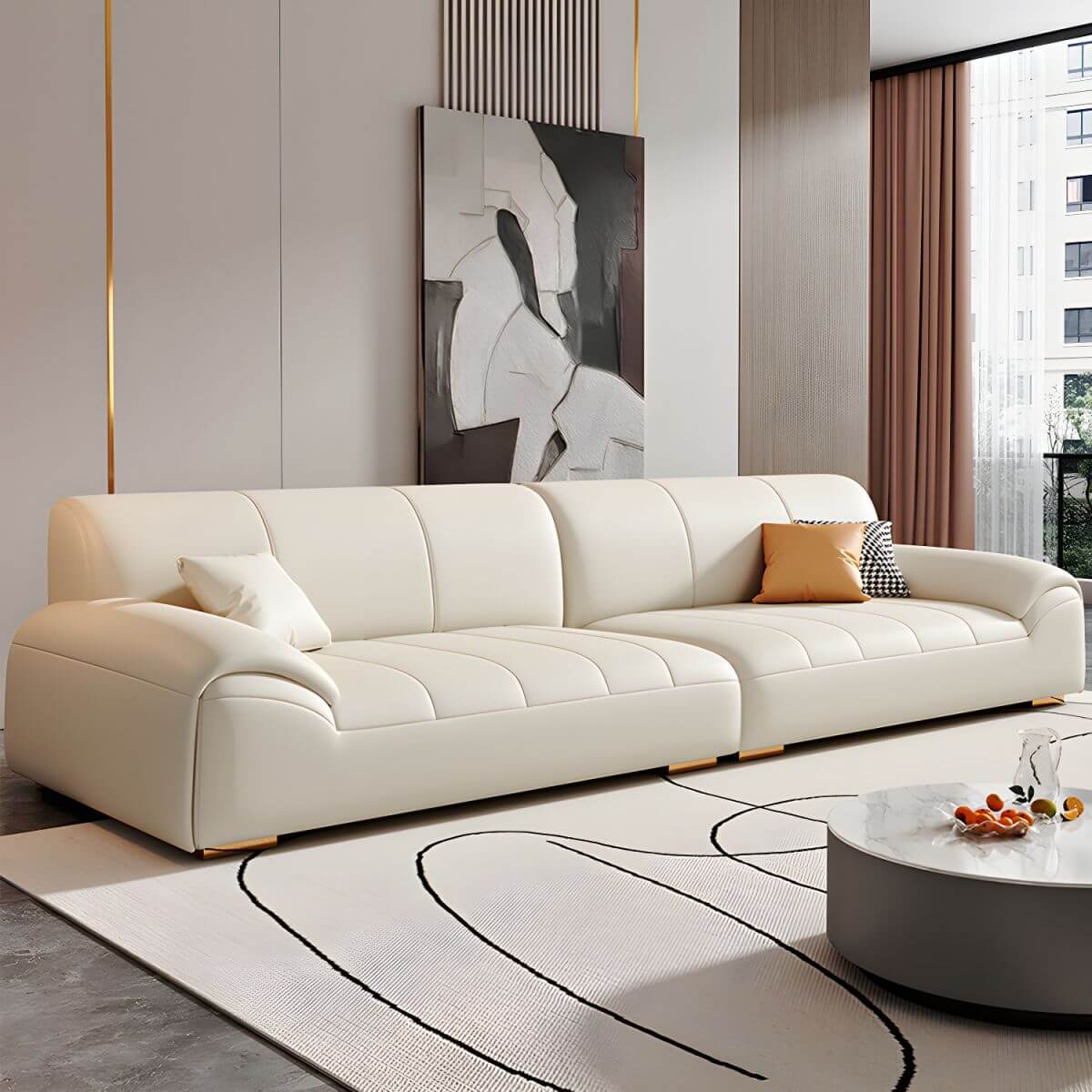 Contemporary Modern Ivory Leather Sofa with Pillows メイン画像