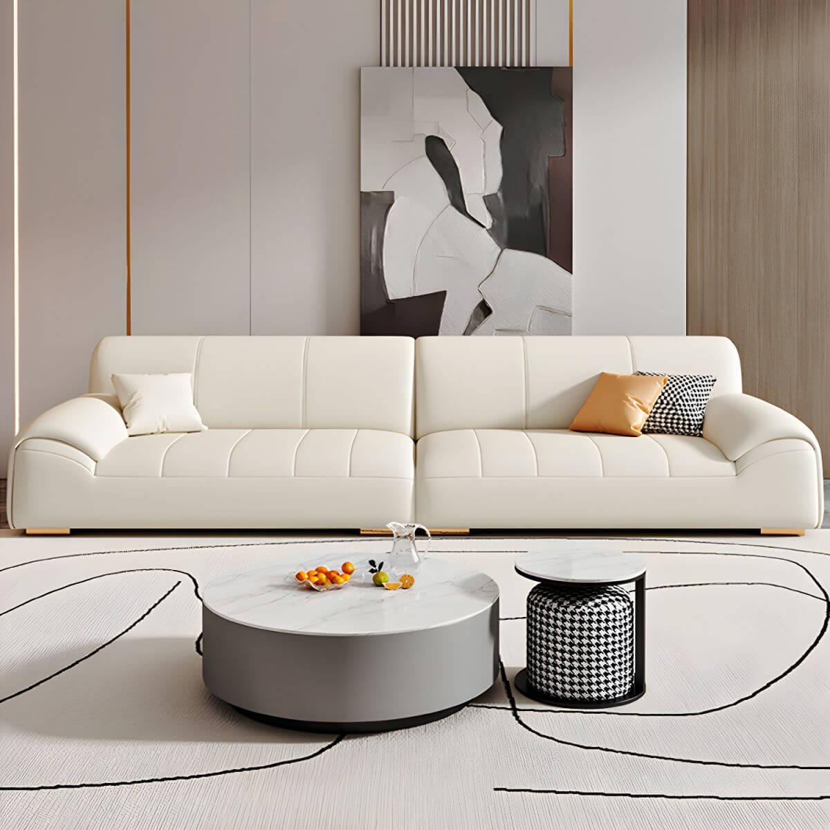 コンテンポラリーモダンなアイボリーのソリッドカラー、傷つきにくいレザーソファ、7人掛け/6人掛け/5人掛け、3つのクッション付き サブ画像